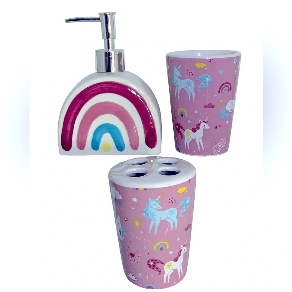 Kids Bath Accessories Unicorn Rainbow Toothbrush Holder Cup Soap Dispenser 3 PC